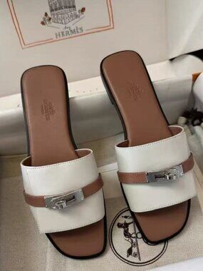 Hermes White & Brown Leather Kelly Buckle Slide Sandals